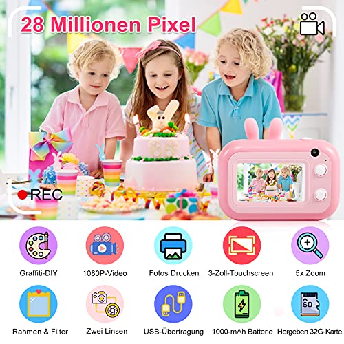 MINIBEAR Cámara de fotos instantánea para niños con 3 ruedas de papel de impresión, cámara digital de doble lente selfie, cámara de vídeo de 28 MP para niños con tarjeta TF de 32 GB (rosa)