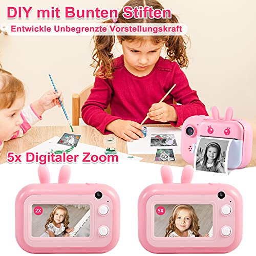 MINIBEAR Cámara de fotos instantánea para niños con 3 ruedas de papel de impresión, cámara digital de doble lente selfie, cámara de vídeo de 28 MP para niños con tarjeta TF de 32 GB (rosa)