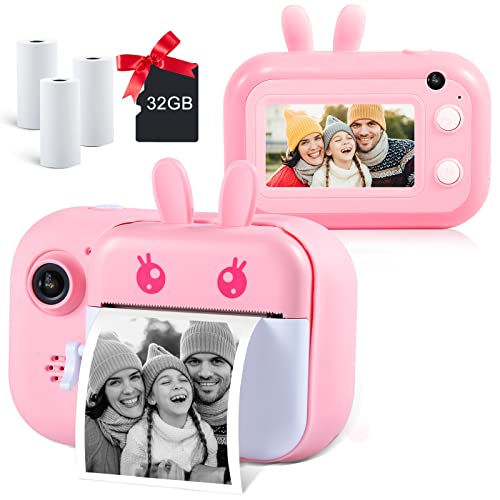 MINIBEAR Cámara de fotos instantánea para niños con 3 ruedas de papel de impresión, cámara digital de doble lente selfie, cámara de vídeo de 28 MP para niños con tarjeta TF de 32 GB (rosa)