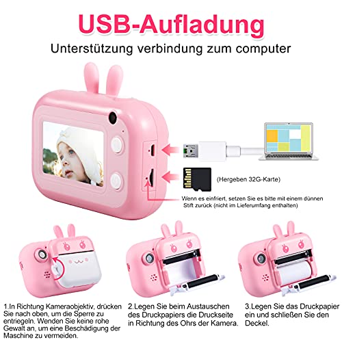 MINIBEAR Cámara de fotos instantánea para niños con 3 ruedas de papel de impresión, cámara digital de doble lente selfie, cámara de vídeo de 28 MP para niños con tarjeta TF de 32 GB (rosa)