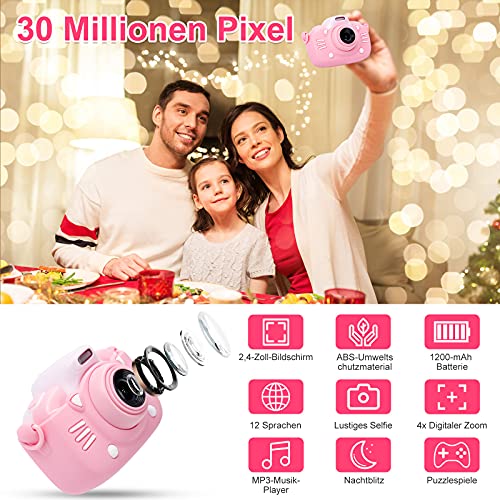 MINIBEAR Cámara para niños de 2.4 pulgadas, 1080p, HD, cámara digital de 30 MP, pantalla IPS, cámara de juguete para niñas, cámara de vídeo para niños, videocámara con tarjeta TF de 32 G (rosa)