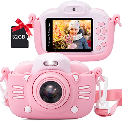 MINIBEAR Cámara para niños de 2.4 pulgadas, 1080p, HD, cámara digital de 30 MP, pantalla IPS, cámara de juguete para niñas, cámara de vídeo para niños, videocámara con tarjeta TF de 32 G (rosa)