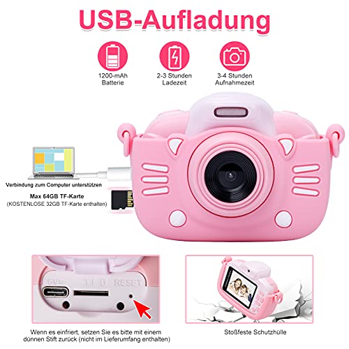 MINIBEAR Cámara para niños de 2.4 pulgadas, 1080p, HD, cámara digital de 30 MP, pantalla IPS, cámara de juguete para niñas, cámara de vídeo para niños, videocámara con tarjeta TF de 32 G (rosa)