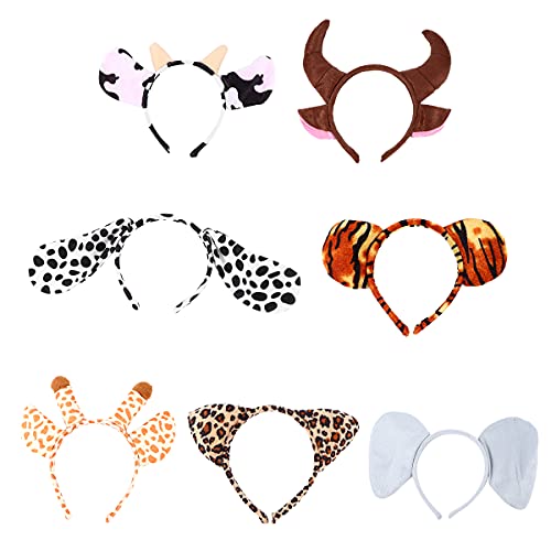 Minkissy Zootiere orejas diademas de animales de la selva, elefante, jirafa, tigre, vaca, leopardo, Halloween, fiesta, cosplay, 8 unidades para niños, cumpleaños, Halloween