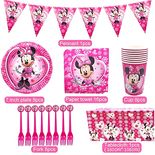 Minnie Decoraciones de Fiesta de cumpleaños, 42 Pcs Juego de Cubiertos de Minnie, Cumpleaños Vajilla Set de Fiesta Kids Birthday Mickey, Plato, Servilleta de Papel para Niños Baby Shower