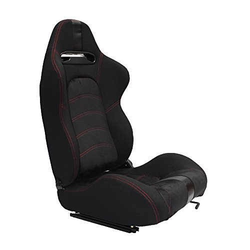 MODAUTO Estructura para Videojuego, Estructura Simulador de Conducción con Asiento SemiBaquet Ajustable, de Tela, Modelo N810B-N300, Color Negro y Costura Roja