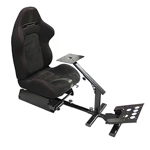 MODAUTO Estructura para Videojuego, Estructura Simulador de Conducción con Asiento SemiBaquet Ajustable, de Tela, Modelo N810B-N300, Color Negro y Costura Roja