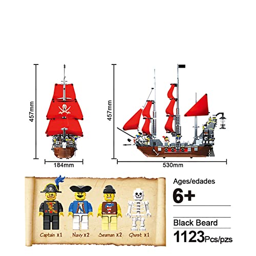 Modelo Barco Pirata, Barco Vela Blackbeard Barco Pirata, 1123 Piezas Bloques Terminales MOC Grandes, Juego Construcción Compatible con Lego Pirate Ship