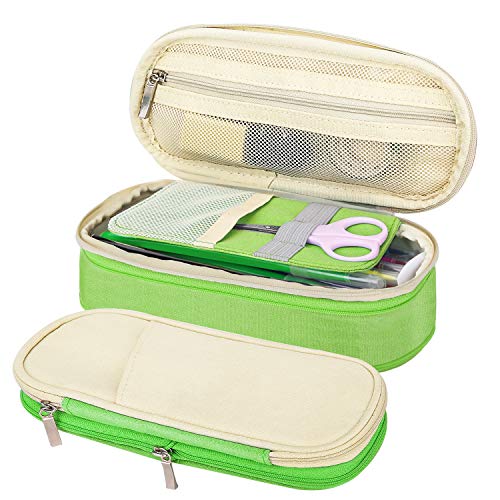 MoKo Caja Estuche de Lápices, Bolsa Organizador Escritorio de Ordenado Portalápices Almacenamiento Accesorio Útiles EscolarTitular Bolsa de la Pulma para Oficina Viaje Maquilaje - Beige + Verde