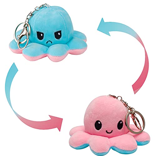 MOMSIV Llavero reversible de felpa de pulpo - Lindos juguetes suaves de pulpo de doble cara, muñeca de pulpo con tapa de pulpo pequeño, llavero de peluche de pulpo para niños, niñas y amantes