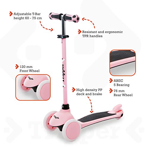 Mondo On & Go - Tripper Scooter 3 Ruedas - Ruedas PU y puños TPR - Freno de Seguridad Trasero - Color Rosa 28571, Talla única