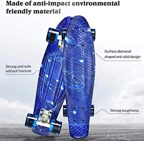 Monopatín completo Mini Cruiser para niños, adolescentes y adultos, ruedas con luz LED todo en uno, herramienta en T para principiantes (Starry Blue)