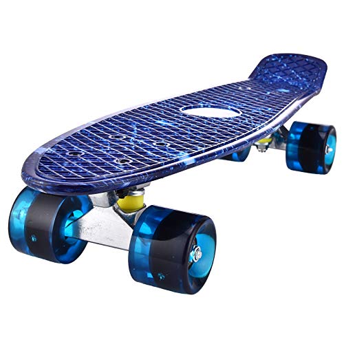 Monopatín completo Mini Cruiser para niños, adolescentes y adultos, ruedas con luz LED todo en uno, herramienta en T para principiantes (Starry Blue)