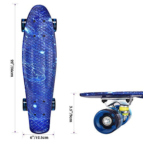 Monopatín completo Mini Cruiser para niños, adolescentes y adultos, ruedas con luz LED todo en uno, herramienta en T para principiantes (Starry Blue)