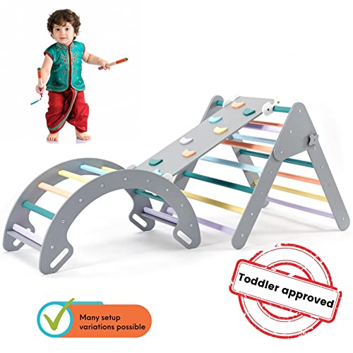 Montessori Pikler Triángulo Escalera Escalada | Marcos de escalada para interiores para niños pequeños gimnasio con rampa y arco basculante - Muebles funcionales infantiles ecológicos - Gris