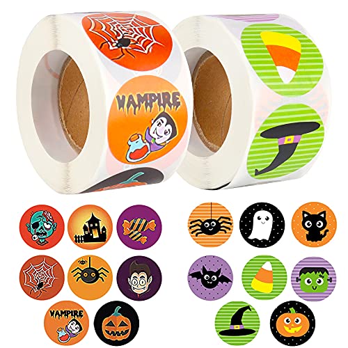 MOPOIN Pegatinas Halloween Niños Redonda, 1000 PCS Pegatinas de Halloween Etiqueta Adhesiva Pegatinas de Rollo de Calabaza de Halloween para Regalo de Fiesta de Halloween Decoración de Bolsa de Dulce