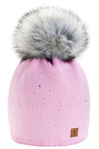 Morefaz - Gorro de invierno de forro polar para mujer con cristales y pompón multicolor rosa M/L