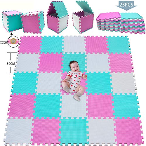 MSHEN 25 Piezas Alfombra Puzzle Bebe con Certificado CE y certificación EVA | Puzzle Suelo Bebe | Puede ser Lavado Goma eva,Tamaño 2.01cuadrado, blanco-rosa-verde-ACHg25