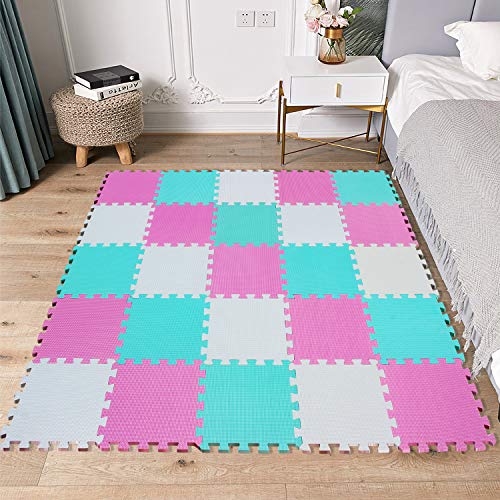 MSHEN 25 Piezas Alfombra Puzzle Bebe con Certificado CE y certificación EVA | Puzzle Suelo Bebe | Puede ser Lavado Goma eva,Tamaño 2.01cuadrado, blanco-rosa-verde-ACHg25