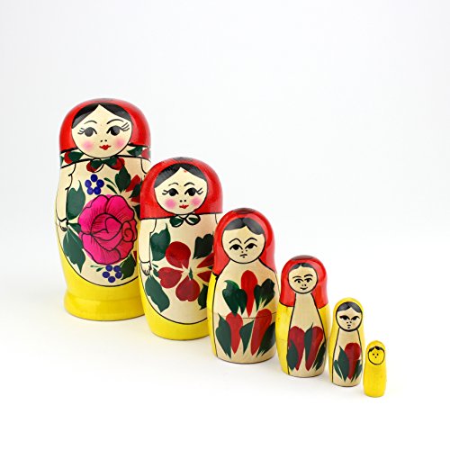 Muñecas Rusas, 6 Matrioskas Rojas de Estilo Semiónov Clásico | Muñeca Babushka de Madera Hecha a Mano en Rusia | Semiónov Rojo, 6 Piezas, 13 cm