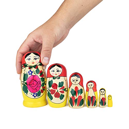 Muñecas Rusas, 6 Matrioskas Rojas de Estilo Semiónov Clásico | Muñeca Babushka de Madera Hecha a Mano en Rusia | Semiónov Rojo, 6 Piezas, 13 cm