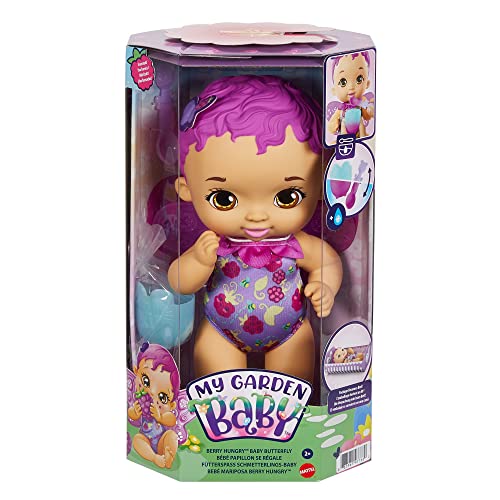 My Garden Baby Come Bayas Frambuesa Muñeco de Juguete con alas de Mariposa, Boca Cambia de Color, Regalo para niñas y niños +18 Meses (Mattel GYP00)