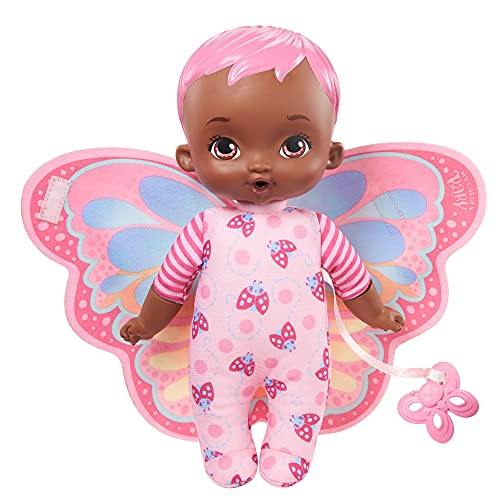 My Garden Baby Envuelve y acurruca Rosa Muñeco de Juguete con Manta Mariposa y Chupete, Regalo para niñas y niños +18 Meses (Mattel HBH40)