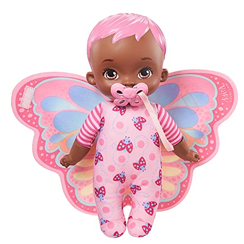 My Garden Baby Envuelve y acurruca Rosa Muñeco de Juguete con Manta Mariposa y Chupete, Regalo para niñas y niños +18 Meses (Mattel HBH40)