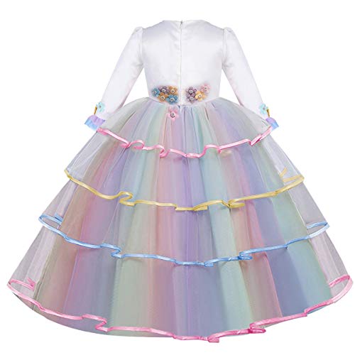 MYRISAM Niñas Disfraz de Carnaval Princesa Vestido de Manga Larga Unicornio para Chicas Cumpleaños de Boda de Fiesta de Cosplay Halloween Navidad Comunión Vestidos de Baile Multicolor 12-13