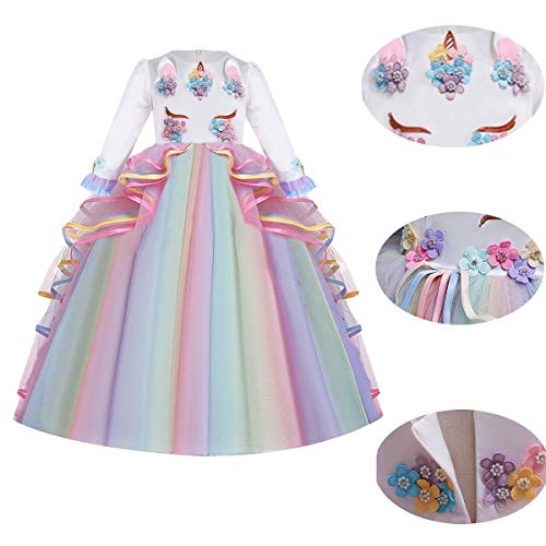 MYRISAM Niñas Disfraz de Carnaval Princesa Vestido de Manga Larga Unicornio para Chicas Cumpleaños de Boda de Fiesta de Cosplay Halloween Navidad Comunión Vestidos de Baile Multicolor 12-13