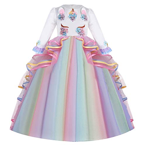 MYRISAM Niñas Disfraz de Carnaval Princesa Vestido de Manga Larga Unicornio para Chicas Cumpleaños de Boda de Fiesta de Cosplay Halloween Navidad Comunión Vestidos de Baile Multicolor 12-13