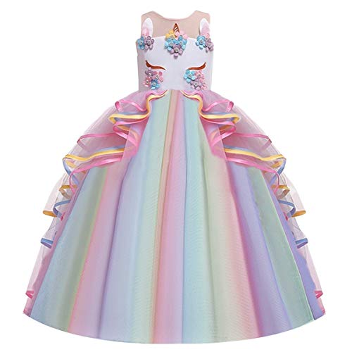 MYRISAM Niñas Disfraz de Halloween Princesa Vestido de Unicornio para Chicas Cumpleaños de Boda Carnaval de Fiesta de Cosplay Navidad Comunión Flor Vestidos de Baile con Diadema Multicolor 10-11