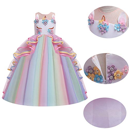 MYRISAM Niñas Disfraz de Halloween Princesa Vestido de Unicornio para Chicas Cumpleaños de Boda Carnaval de Fiesta de Cosplay Navidad Comunión Flor Vestidos de Baile con Diadema Multicolor 10-11