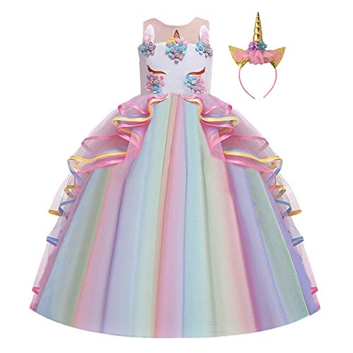 MYRISAM Niñas Disfraz de Halloween Princesa Vestido de Unicornio para Chicas Cumpleaños de Boda Carnaval de Fiesta de Cosplay Navidad Comunión Flor Vestidos de Baile con Diadema Multicolor 10-11