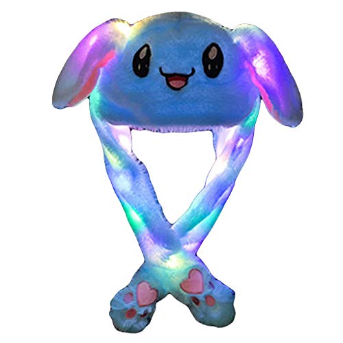 N/AB Sombrero de peluche con luces LED, divertido animal, orejas que se mueven, con orejas de peluche móviles, Happy Ears para apretar, juguete con luz LED para niñas azul 2 mes