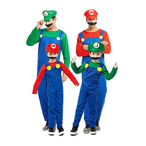 NB Super Mario Luigi Sombrero + ropa para adultos y niños + juego de disfraz de barba adecuado para carnaval y cosplay, disfraz de padres e hijos, 4 tamaños diferentes (S, M, L, XL)