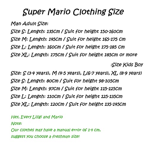 NB Super Mario Luigi Sombrero + ropa para adultos y niños + juego de disfraz de barba adecuado para carnaval y cosplay, disfraz de padres e hijos, 4 tamaños diferentes (S, M, L, XL)