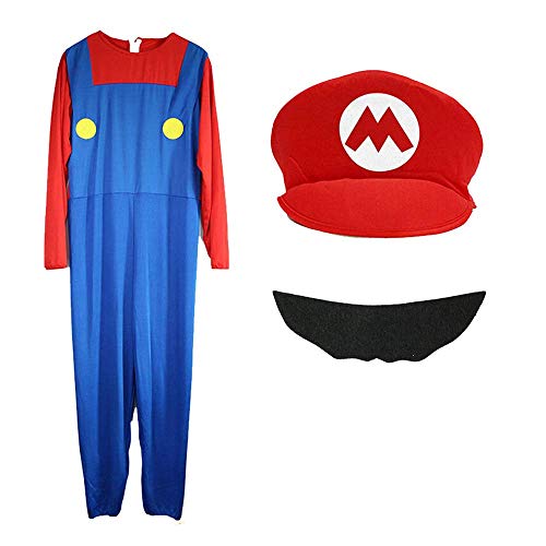 NB Super Mario Luigi Sombrero + ropa para adultos y niños + juego de disfraz de barba adecuado para carnaval y cosplay, disfraz de padres e hijos, 4 tamaños diferentes (S, M, L, XL)