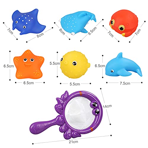 NEWSTYLE Juguetes Bañera, 7pcs Juguetes Piscina,Juguetes de Baño para Bebé Niños 2 3 4 Años, Luminosos Juguetes Flotante con Bolsillo de Red Animales Marinos Coloridos para Bebés Baño Piscina Playa