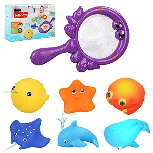 NEWSTYLE Juguetes Bañera, 7pcs Juguetes Piscina,Juguetes de Baño para Bebé Niños 2 3 4 Años, Luminosos Juguetes Flotante con Bolsillo de Red Animales Marinos Coloridos para Bebés Baño Piscina Playa