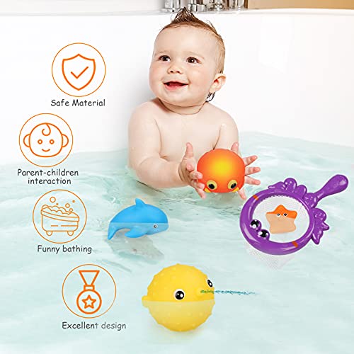 NEWSTYLE Juguetes Bañera, 7pcs Juguetes Piscina,Juguetes de Baño para Bebé Niños 2 3 4 Años, Luminosos Juguetes Flotante con Bolsillo de Red Animales Marinos Coloridos para Bebés Baño Piscina Playa