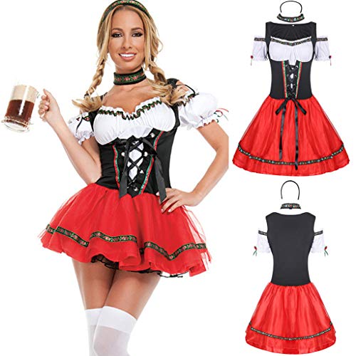 NHNKB Maid Dress Cosplay Disfraz Lolita Dress Up Vestidos para mujeres y niñas, Mini vestido tirolés, incluye vestido, sombreros y collar falso | Halloween, carnaval, Oktoberfest