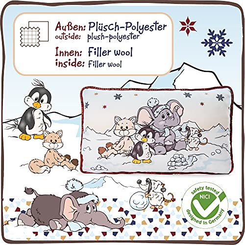 NICI 47293 Cojín de peluche elefante, pingüino, zorro de las nieves – Cojines de animales para niñas, niños y bebés – Suave almohada rectangular de la colección de invierno, 43x25cm, multicolor/gris