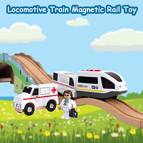 Niktule Tren con pilas para pistas de madera (conexión magnética) – Juego de trenes de juguete para niños, para niños y coleccionistas de 3 años de edad y más, juguetes de coche para niños pequeños