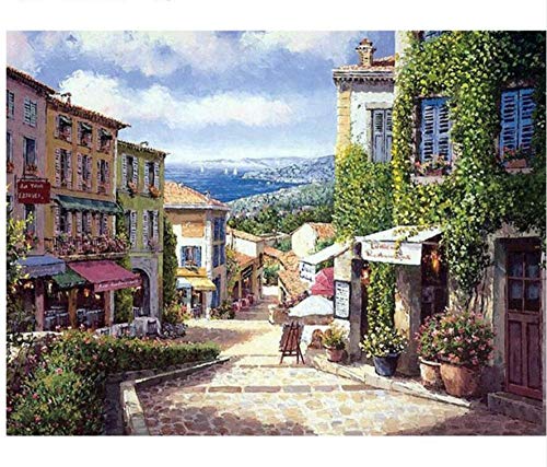 N/W Cuadro Lienzo Pintura Al Óleo - Paisaje Mediterráneo De La Puerta De La Tienda - Manualidades para Pintar Pintura por Numeros Adultos Niños DIY