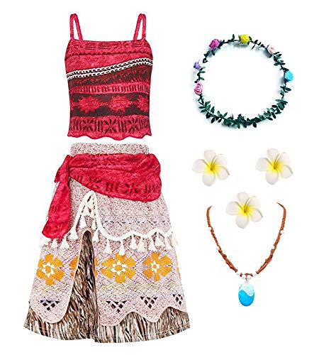 O.AMBW Disfraz de Moana Rojo Cosplay Princesa Vaiana Vestido Hawaiana Conjunto de 2 Piezas Top + Falda Disfraz con Accesorios Diadema Collar Mar y Tierra Traba Flor Regalo de cumpleaños para Niñas