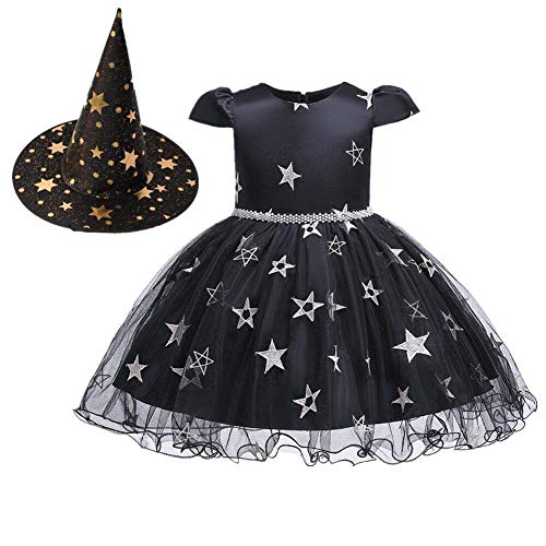 OBEEII Disfraz de Halloween Bruja Estrelle Princesa Vestido con Sombrero de Bruja 2Piezas Costume Negro 2-3 Años