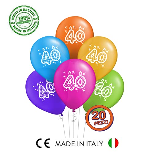 ocballoons Juego de 20 globos para cumpleaños de 40 años, biodegradables, de látex, para decoración de fiestas, inflables, con bombona de helio con texto «Made in Italy»