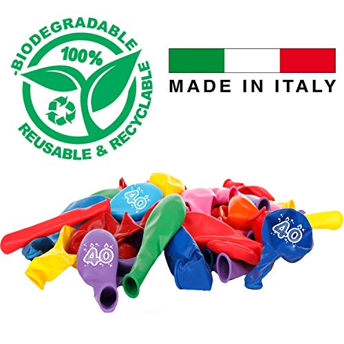 ocballoons Juego de 20 globos para cumpleaños de 40 años, biodegradables, de látex, para decoración de fiestas, inflables, con bombona de helio con texto «Made in Italy»