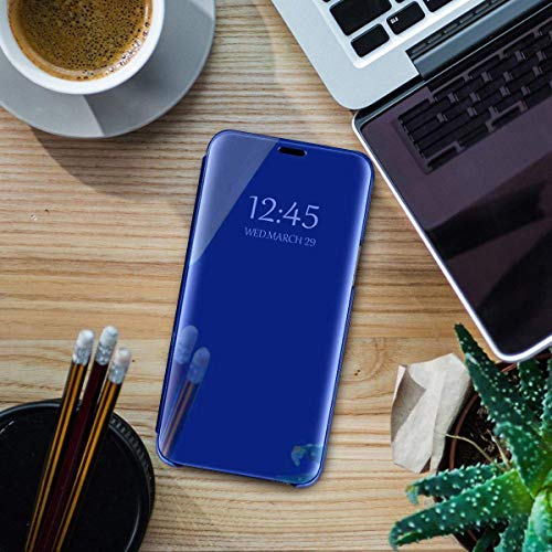 Oihxse Espejo Funda Compatible con Xiaomi Redmi 7A Carcasa Ultra Slim Mirror Flip Translúcido View Tipo Libro Tapa Standing 360°Protectora PC + PU Cover Anti-Scratch Caso(Azul)